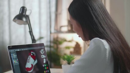Close Up Of Asian Female Footwear Designer Thinking While Designing Shoe On A Laptop At Home. Shoe Production Procedure Concept 
