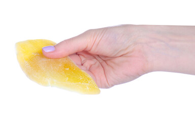 Canvas Print - Hand holding dry mango in sugar on white background isolation