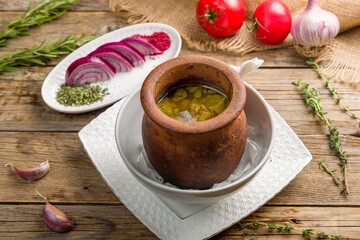 Poster - Piti soup with lamb and red onion on old wooden table