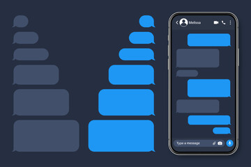 Realistic smartphone with messaging app. Blank SMS text frame. Conversation chat screen with blue message bubbles. Social media application. Vector illustration.