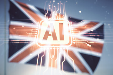 Aufkleber - Abstract virtual artificial Intelligence symbol hologram on flag of Great Britain and sunset sky background. Multiexposure