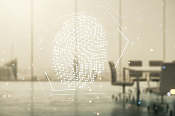 Poster - Multi exposure of virtual graphic fingerprint sketch on a modern furnished classroom background, fingerprint scan data concept