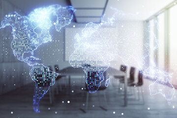 Aufkleber - Multi exposure of abstract graphic world map on a modern furnished classroom background, big data and networking concept