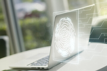 Poster - Multi exposure of abstract fingerprint scan interface on computer background, digital access concept