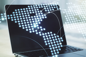 Poster - Abstract creative world map with connections on modern laptop background, international trading concept. Multiexposure