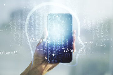 Poster - Creative artificial Intelligence concept with human head hologram and hand with phone on background. Multiexposure