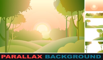 Wall Mural - Rural beautiful landscape. Set parallax effect. Cartoon style. Set parallax effect. Sunset Hills with grass and forest trees. Cool romantic beauty. Flat design illustration. Vector