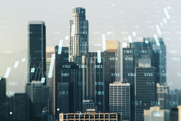 Aufkleber - Double exposure of abstract creative statistics data hologram on Los Angeles office buildings background, analytics and forecasting concept