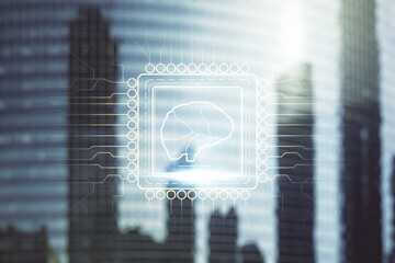 Poster - Virtual creative artificial Intelligence hologram with human brain sketch on office buildings background. Multiexposure