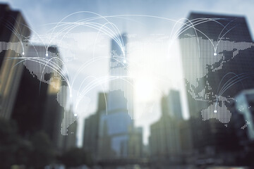 Leinwandbilder - Double exposure of abstract digital world map hologram with connections on modern skyscrapers background, research and strategy concept