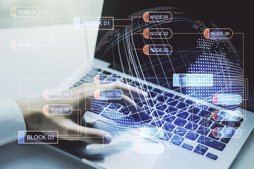 Poster - Multi exposure of abstract graphic coding sketch with world map and hands typing on computer keyboard on background, big data and networking concept