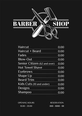 Vector Illustration business card price list and special offer for barber shop. Pricelist for barber shop with label opening hours and reservation on black background. Printable template a4 a5