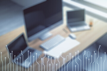 Aufkleber - Creative concept of microscheme illustration and modern desktop with computer on background. Big data and database concept. Multiexposure
