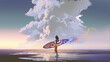 woman holding a colorful surfboard standing on the beach looking at the sky, digital art style, illustration painting