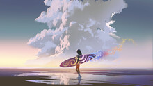 Woman Holding A Colorful Surfboard Standing On The Beach Looking At The Sky, Digital Art Style, Illustration Painting