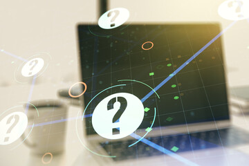 Aufkleber - Creative abstract question mark sketch on modern laptop background, FAQ and research concept. Double exposure