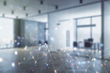 Poster - Double exposure of abstract virtual technology hologram on modern corporate office background. Research and development software concept