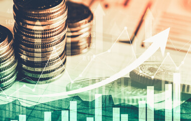 Finance and money technology background concept of business prosperity and asset management . Creative graphic show economy and financial growth by investment in valuable asset to gain wealth profit .