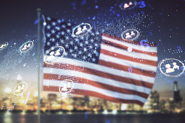Poster - Double exposure of social network icons interface and world map on US flag and skyline background. Networking concept