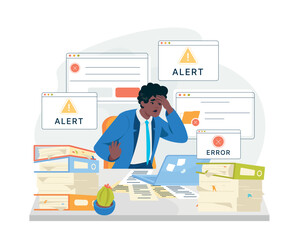 operating system error warning notifications windows. stressed man screaming while covered by comput