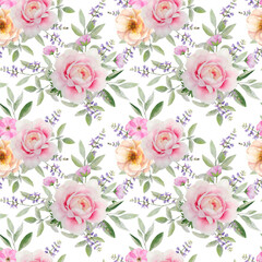  Watercolor delicate pattern with wild roses and herbs. Pink flowers and sage leaves create gentle composition in shabby chic or romantic style. For wedding invitation or greeting cards