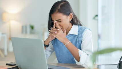 Aufkleber - One student with burnout looking unhappy while trying to meet a deadline for a task. Young female intern suffering from a headache while typing an email on a laptop in an office alone at work