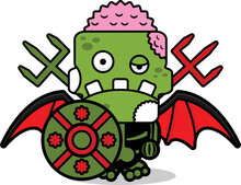 Vector Cartoon Mascot Character Halloween Zombie Green Skull Cute Warrior