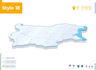 Naklejka na meble Bulgaria - 3d map on white background with water and roads. Vector map with shadow.