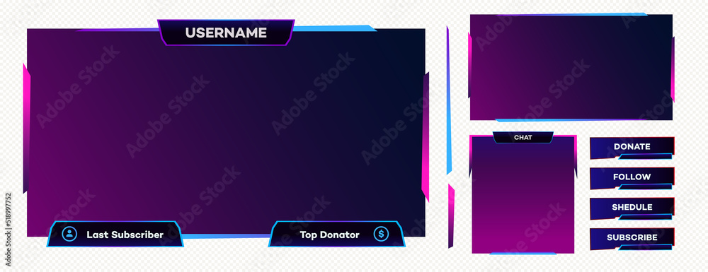 Vector streaming screen panel overlay game template. Live video, online ...