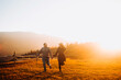 © Yuliia - Happy couple running, holding hands, enjoying each other at sunset. Leisure in the mountains.