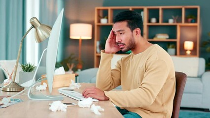 Poster - A tired man suffering from covid fatigue and trying to meet a work deadline. Sick IT specialist suffering from a headache or migraine while working on a desktop computer in the living room at home.