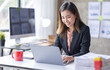 © David - Business Accountant Young Asian female working on a laptop, doing calculator planning analyzing the financial report, business plan investment, finance analysis concept
