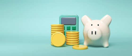 Financial calculation theme with piggy bank, calculator and coins - 3d render