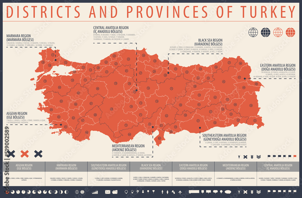 Infographic map of Turkey with administrative division into Districts ...