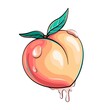 Butt-shaped, heart-shaped juicy peach, fruit with juice drops cartoon style illustration