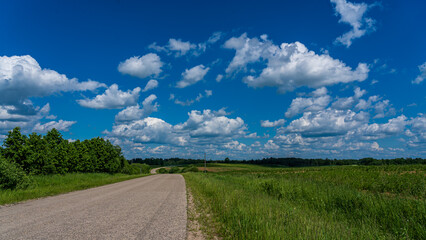 Wall Mural - The road in the countryside, the blue cloudy sky and the edge of the road with grass.