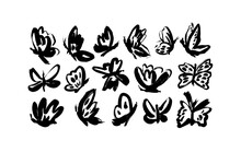 Different Vector Butterflies Isolated On White Background. Hand Drawn Black Ink Illustrations. Brush Stroke Style. Random Black And White Butterflies Silhouettes. Collection Of Artistic Simple Moths