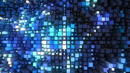 Poster - Blue animated glowing background. Chaotically moving pistons. 3d rectangles. Musical wave. Mechanical blocks. Puzzle, mosaic. Screensaver for games, presentations, business, intro. 4k