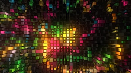 Poster - Rainbow animated background. Chaotically moving pistons. Glowing 3d rectangles. The musical wave. Mechanical blocks. Puzzle, mosaic. Screensaver for games, presentations, business, intro. 4k