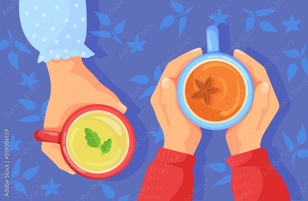 Hands cups top view. Shared tea conversation, hand with cup coffee or ...