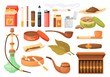 © ssstocker - Cartoon tobacco products. Tabacco cigarette vintage cigar snuff chewing nicotine leaf medicine, smoking addiction things paper cigars smoker harmful smoke, neat vector illustration