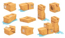 Damaged Cardboard Boxes. Damage Package Box, Crumpled Broken Torn Container Delivery Fail Bad Packaging Wet Goods From Rain Dirty Parcel Breakage Cargo Set Neat Vector Illustration