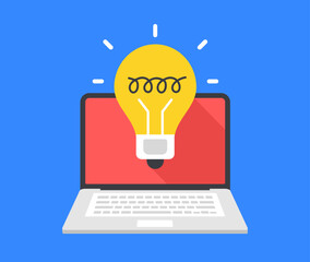 Poster - Laptop and light bulb. Notebook and lightbulb. Solution, new idea, innovation concepts. Modern graphic elements. Vector illustration