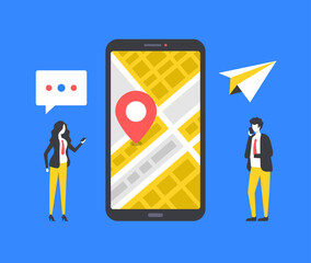 Poster - City map navigator. People, mobile phone and navigation app. Modern graphic elements. Vector illustration