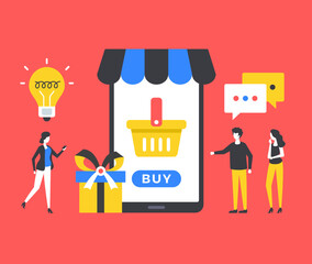 Wall Mural - Mobile shopping. People and mobile phone with shopping app. Ecommerce, shoppers, buy goods, online store concepts. Modern graphic elements. Vector illustration