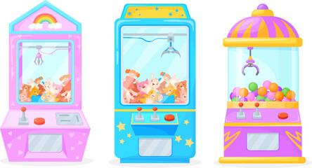 Grabber machines. Vending machine claw for grab toys doll or gift plush bear ball, arcade recreational game prize fun fair arms on crane joystick, cartoon neat vector illustration