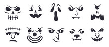Halloween Faces Stencil. Ghostly Freak Face Carving For Pumpkin Lantern, Creepy Eyes Evil Vampire Dracula Or Goblin Smile Ghoul Silhouette Template, Ingenious Vector Illustration