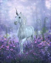 Unicorn With Purple Flowers - A Legendary White Unicorn Ambles Through Purple Bell Flowers On A Walk Through The Magical Forest.