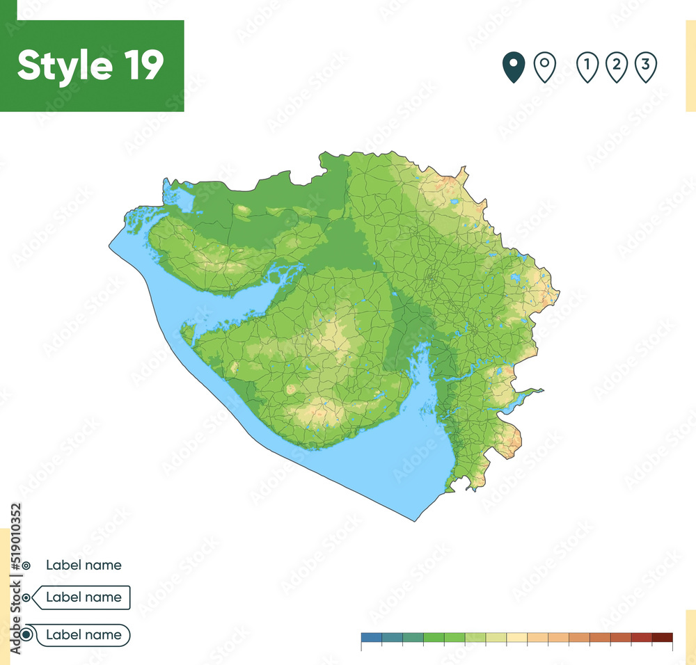 Gujarat, India - high detailed physical map. Vector map. Dem map.