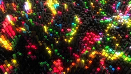 Poster - Rainbow animated background. Chaotically moving pistons. Glowing 3d rectangles. The musical wave. Mechanical blocks. Puzzle, mosaic. Screensaver for games, presentations, business, intro. 4k